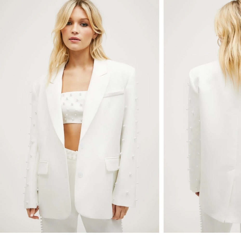 White blazer with pearl detail and matching bralette top for wedding event